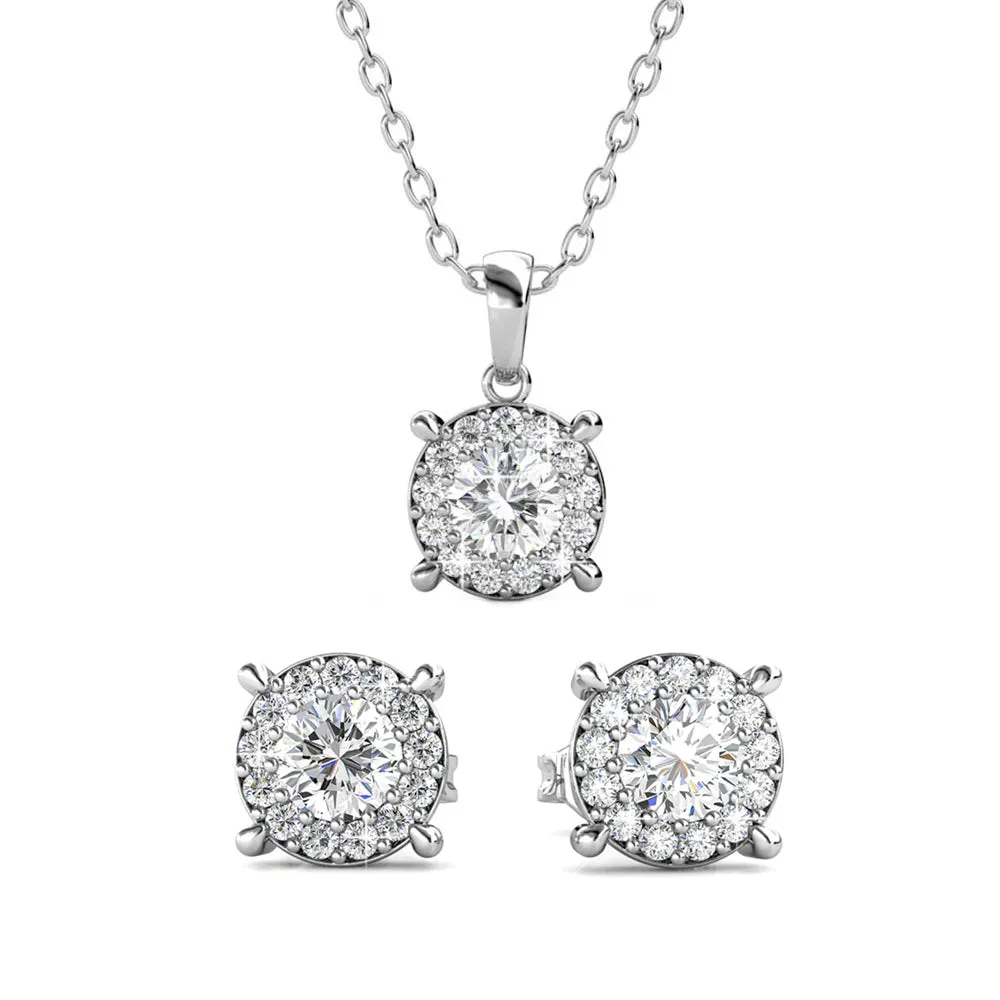 Raylee 18k White Gold Plated Necklace and Earrings Jewelry Set with Round Cut Solitaire Swarovski Crystal