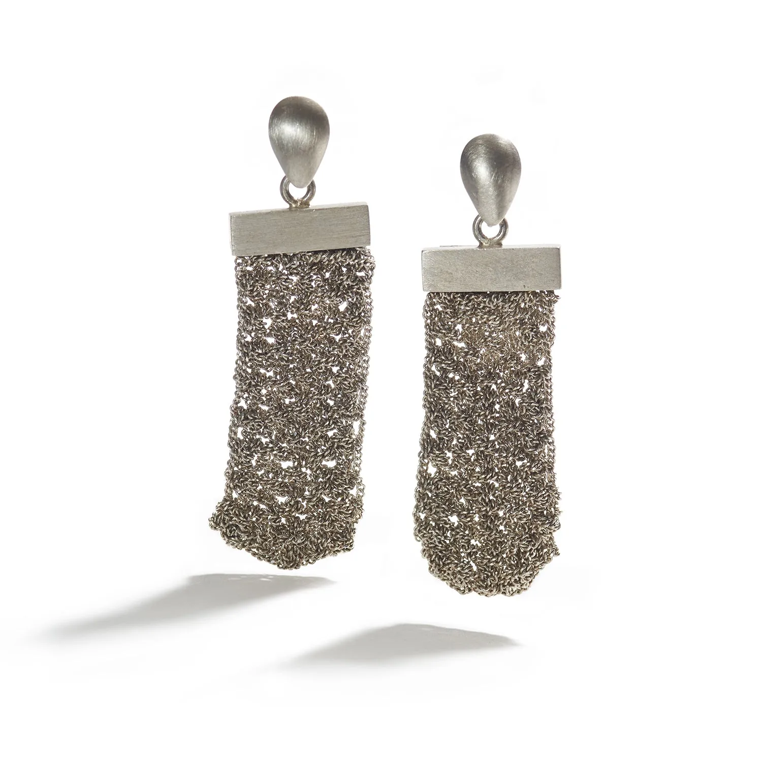 Short Knitted Oxidized Silver Earrings