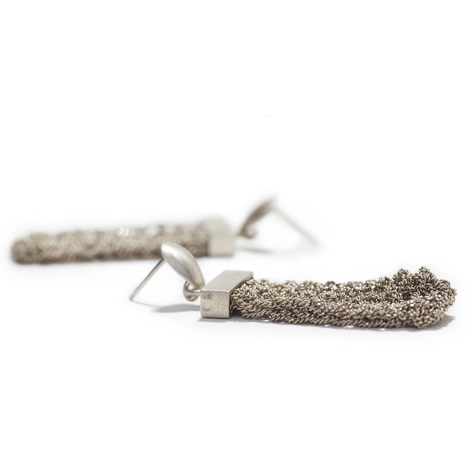 Short Knitted Oxidized Silver Earrings