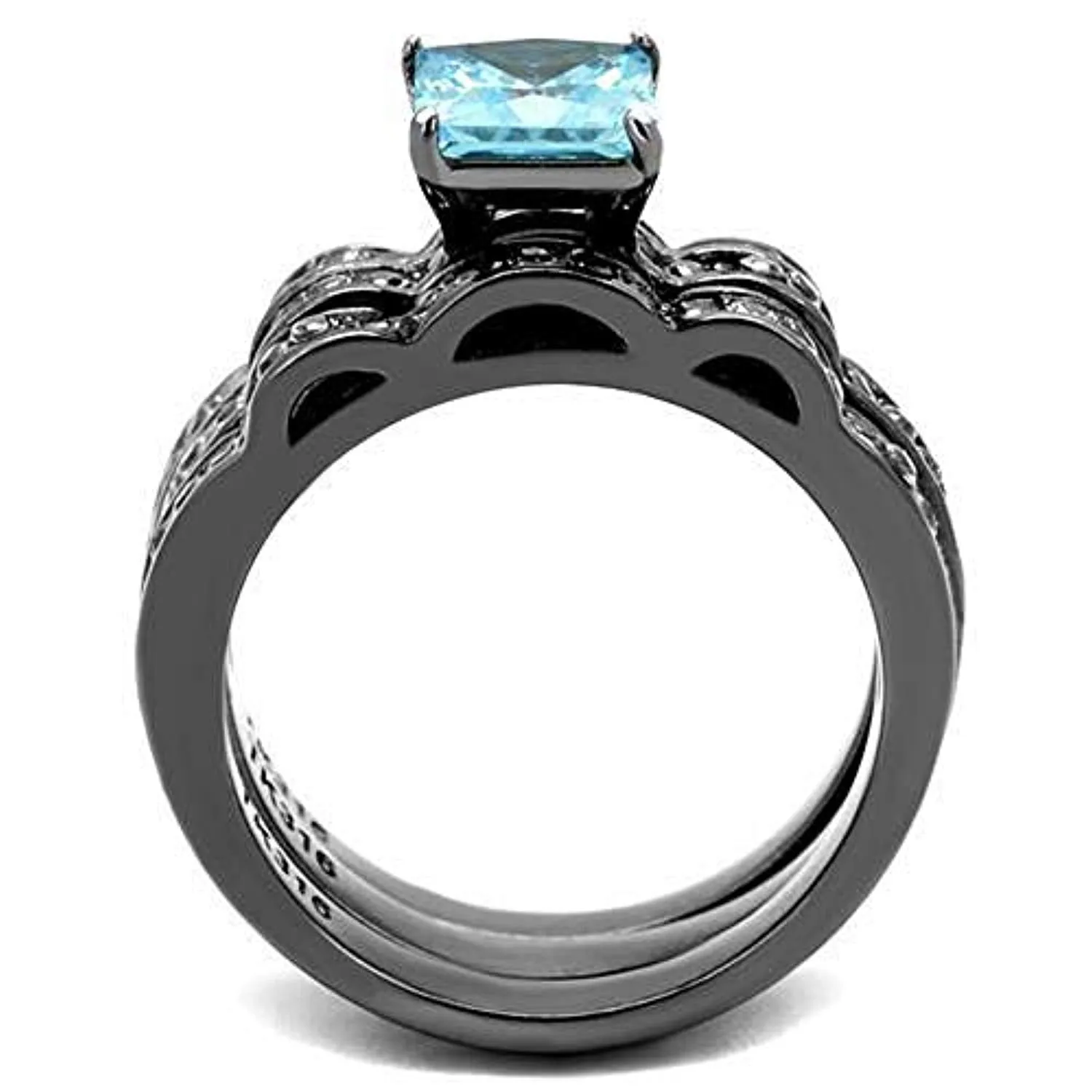 WildKlass Stainless Steel Ring IP Light Black (IP Gun) Women AAA Grade CZ Sea Blue