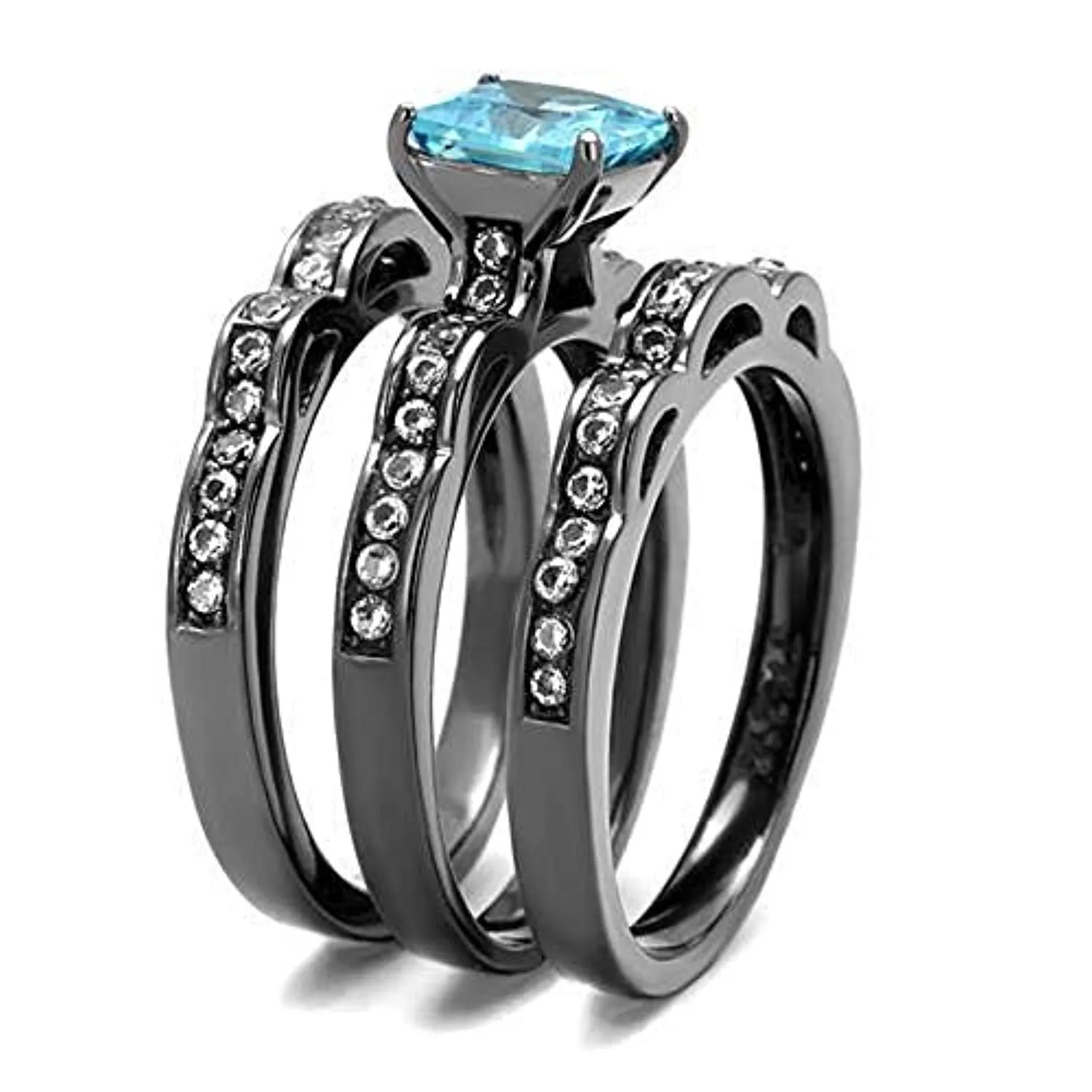 WildKlass Stainless Steel Ring IP Light Black (IP Gun) Women AAA Grade CZ Sea Blue