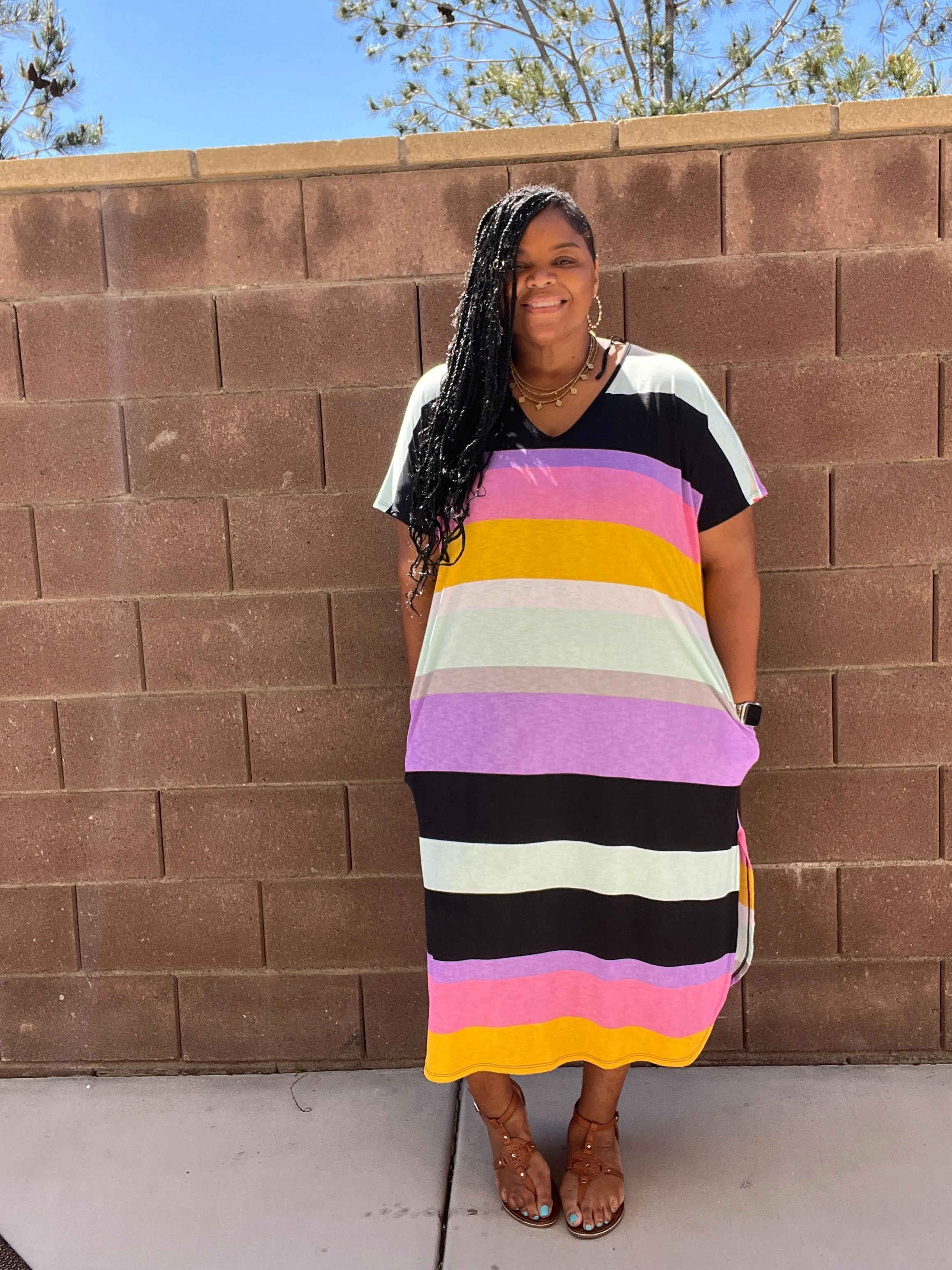 Women's Plus Size Midi Striped Dress With Pockets