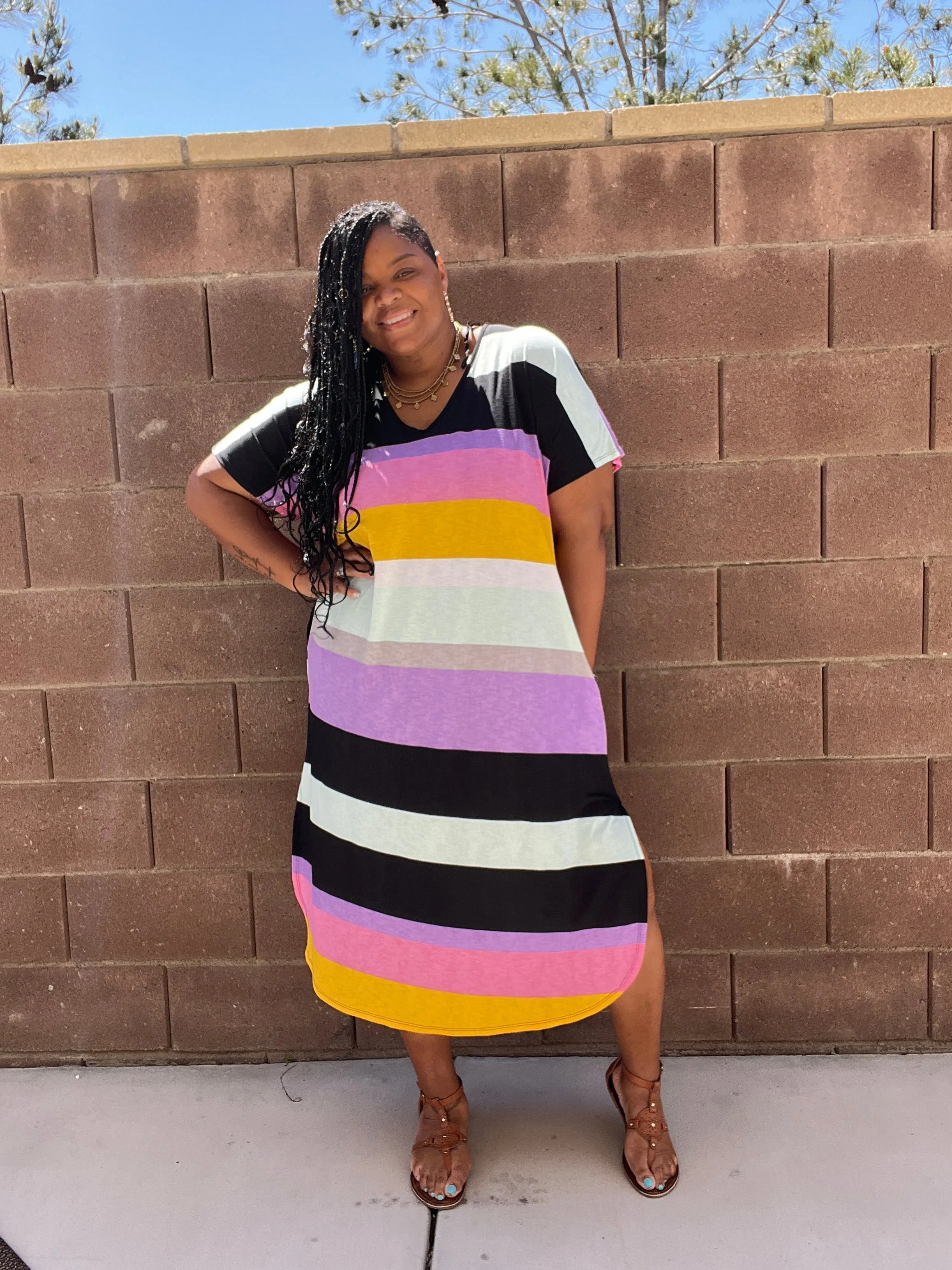 Women's Plus Size Midi Striped Dress With Pockets