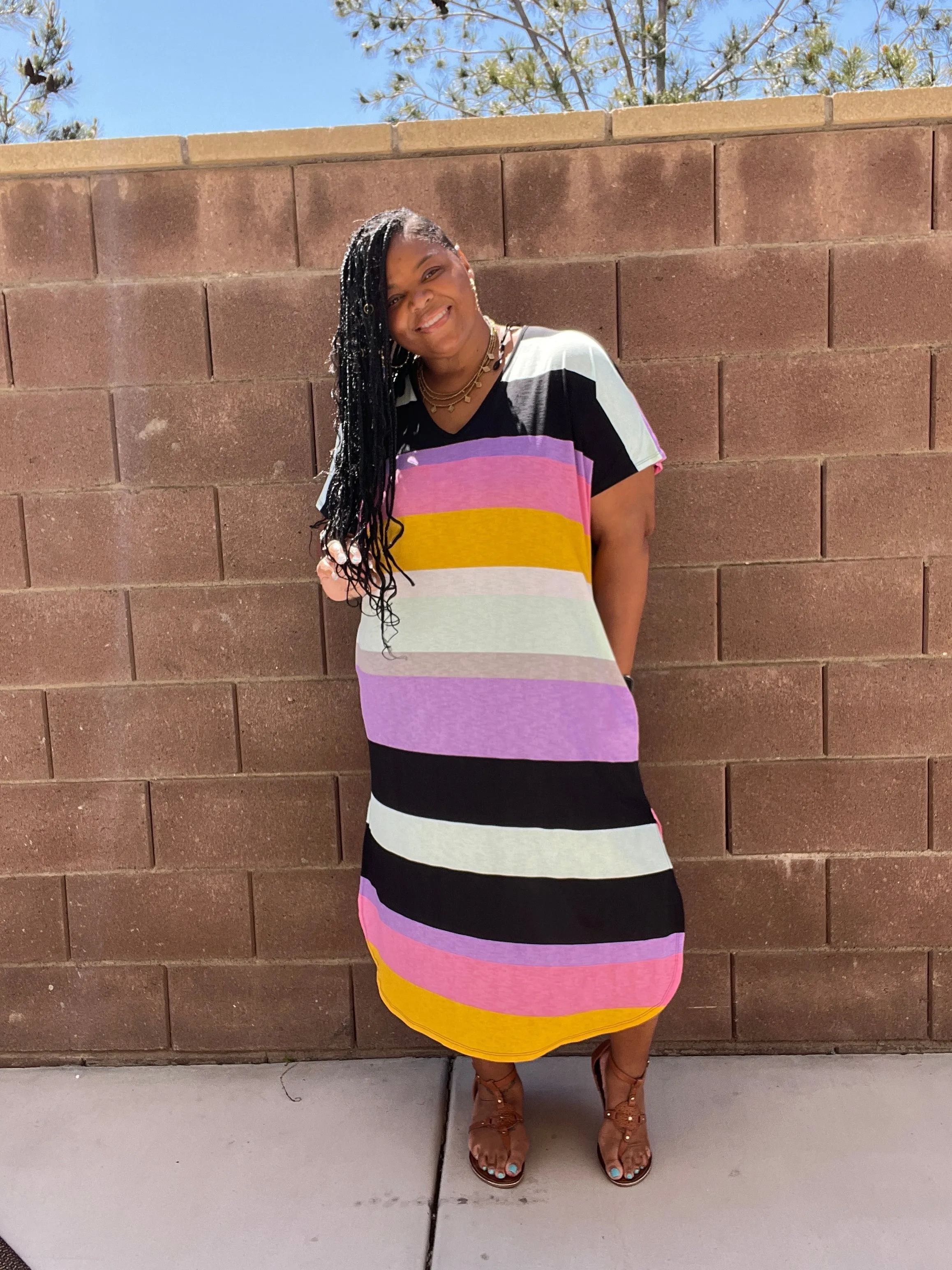 Women's Plus Size Midi Striped Dress With Pockets