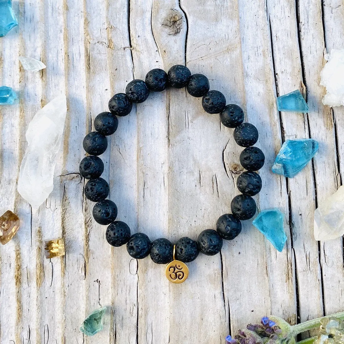 Yoga Inspired Gold Ohm Jewelry Set with Lava Stone to Hear the Sound of the Universe