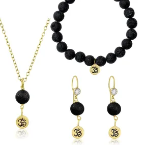 Yoga Inspired Gold Ohm Jewelry Set with Lava Stone to Hear the Sound of the Universe