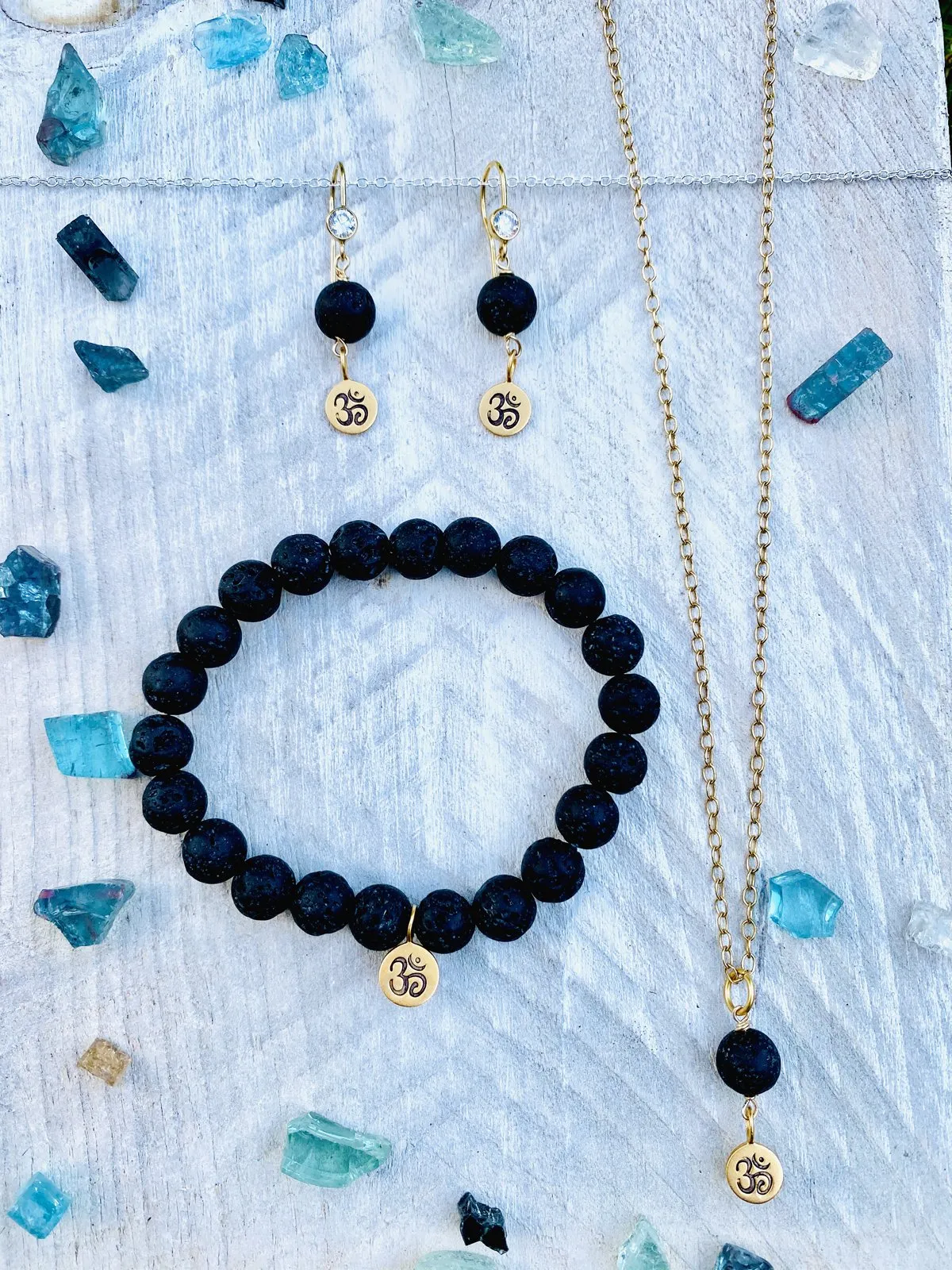 Yoga Inspired Gold Ohm Jewelry Set with Lava Stone to Hear the Sound of the Universe