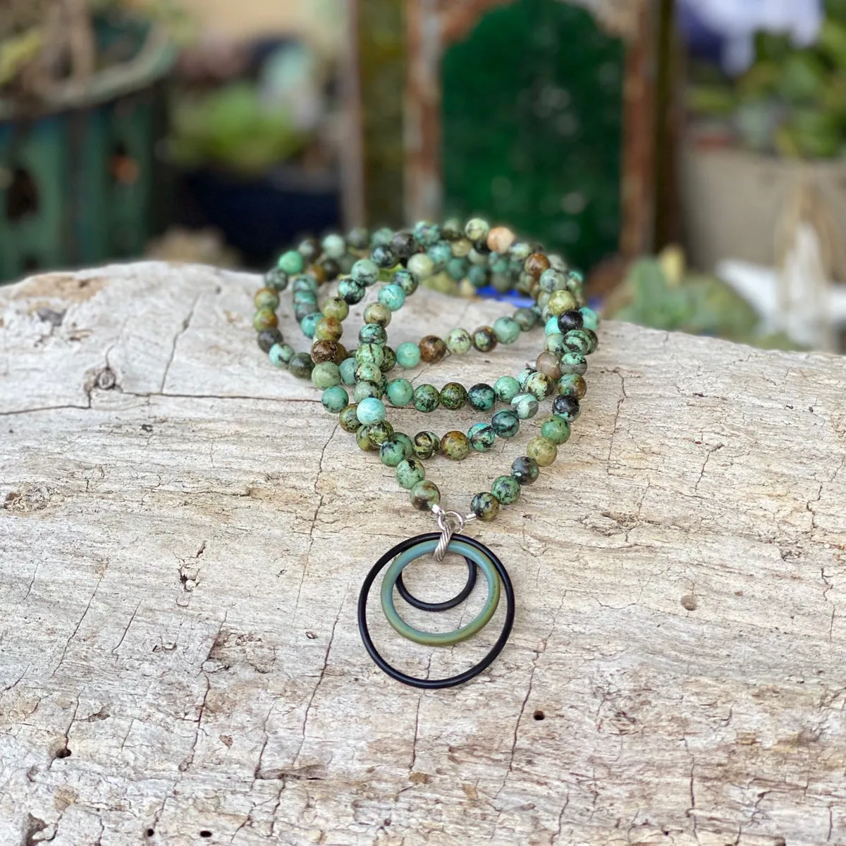 Zero Waste Necklace with African Turquoise and Up-recycled Scuba Gear O-rings