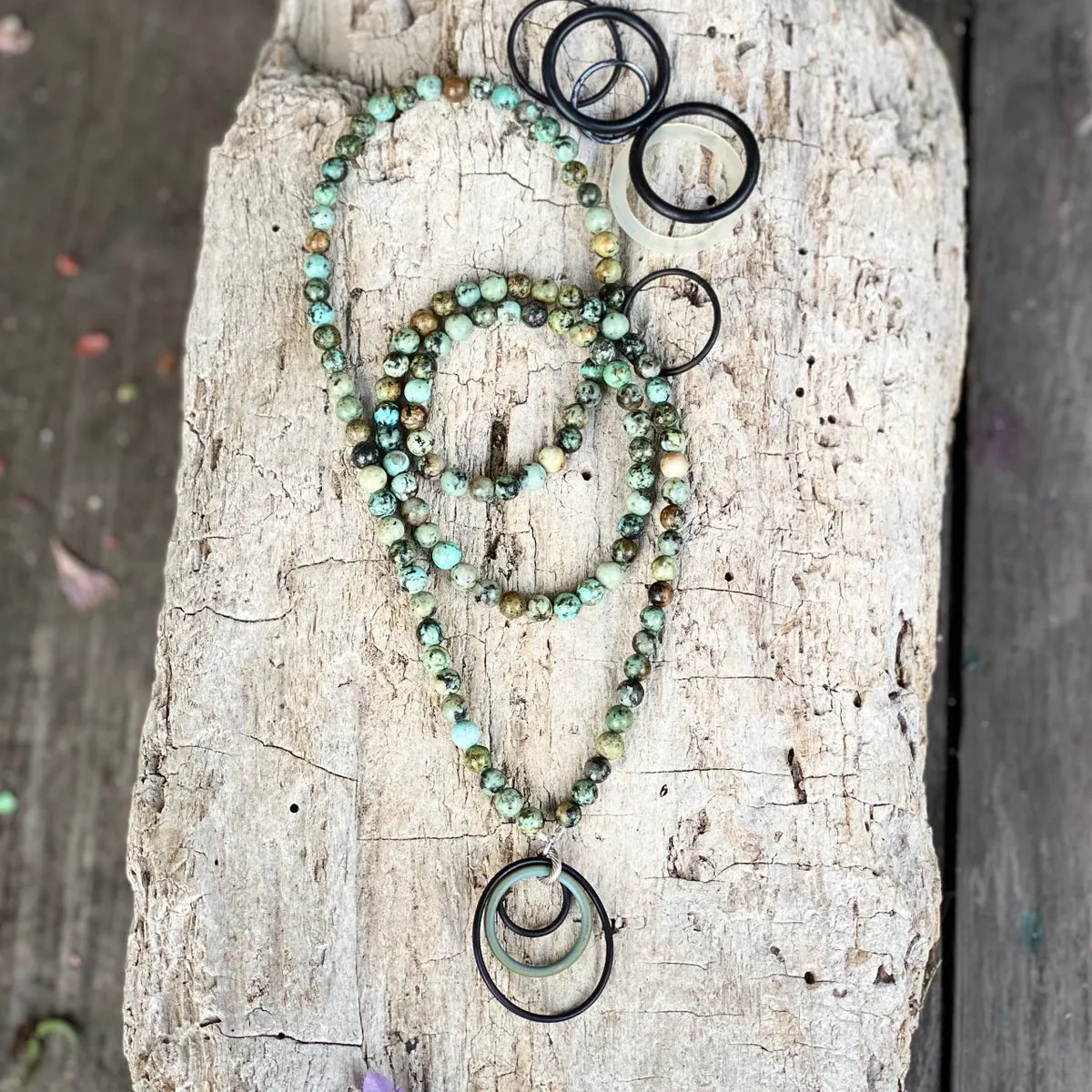 Zero Waste Necklace with African Turquoise and Up-recycled Scuba Gear O-rings