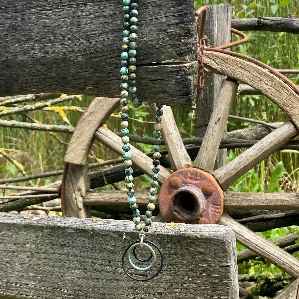 Zero Waste Necklace with African Turquoise and Up-recycled Scuba Gear O-rings