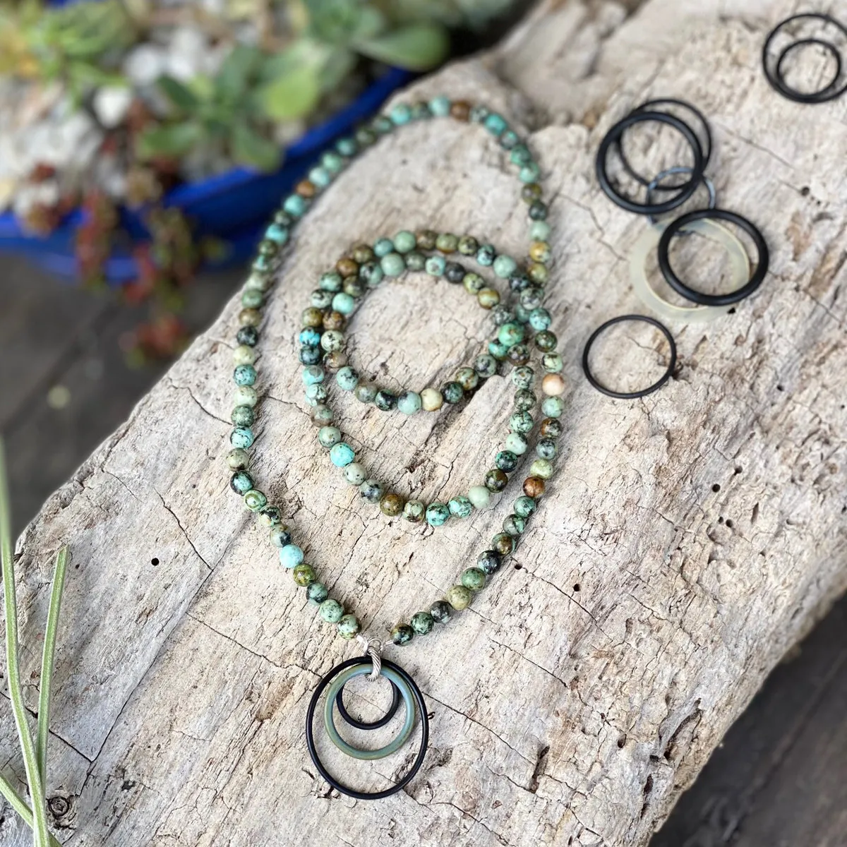 Zero Waste Necklace with African Turquoise and Up-recycled Scuba Gear O-rings